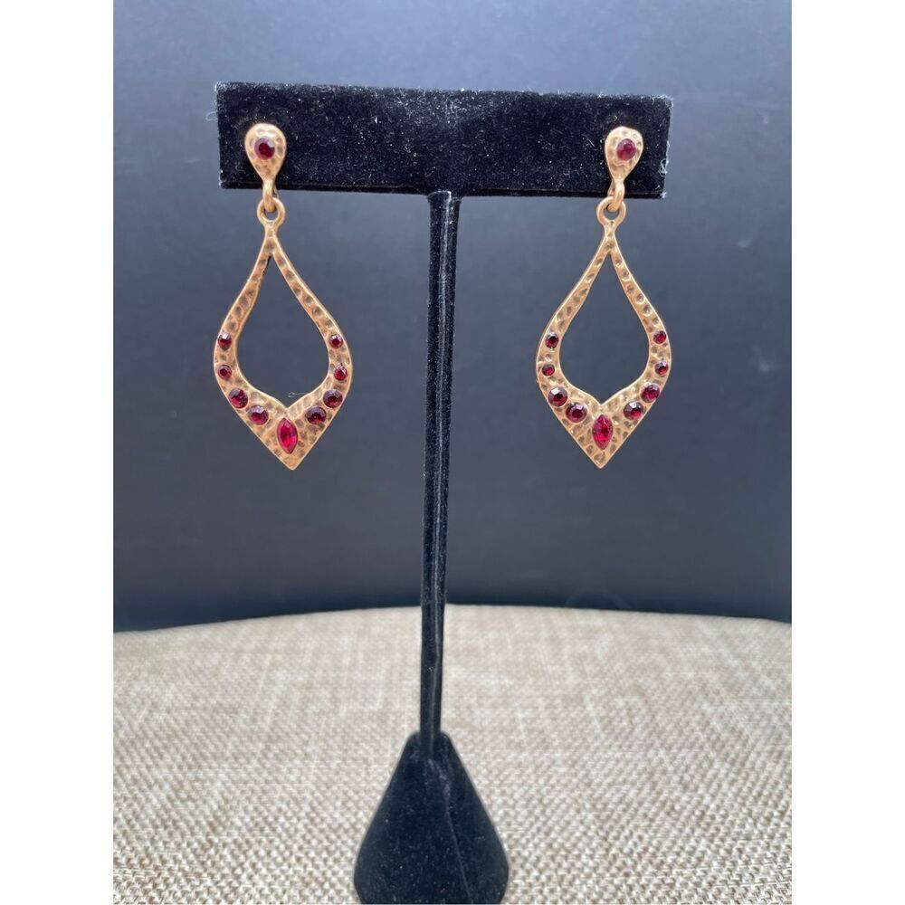 Vintage CHICO'S Gold Tone Deep Red Rhinestone Masala EARRINGS Boho India